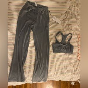 Alo dusty blue velour high waist glimmer wide leg pant matching sports bra set